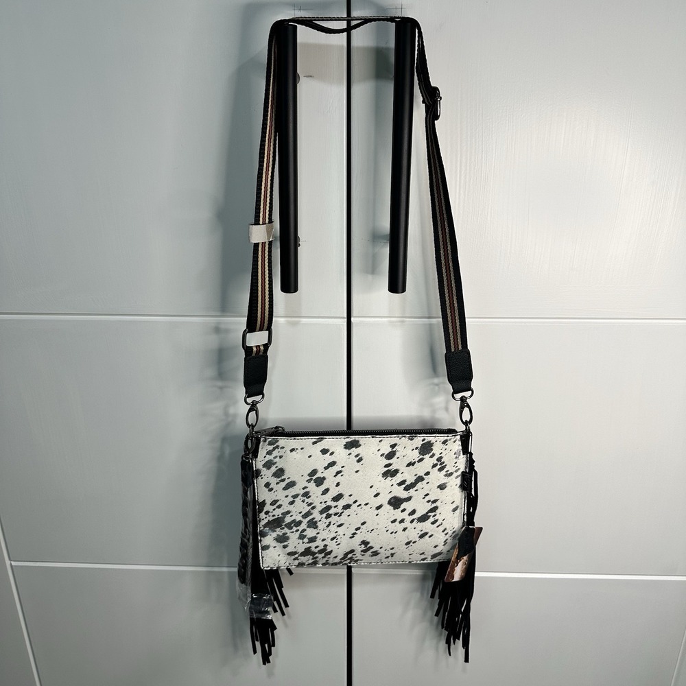 Montana‎ West Fringe White-Silver Cowhide Leather Crossbody Purse Wrislet NWT
